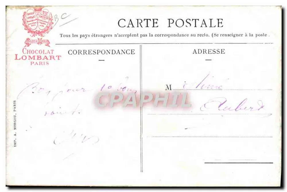 Chocolatería Lombart — Salida de las Cuadras — Imp. A. Norgue, París - Reverso