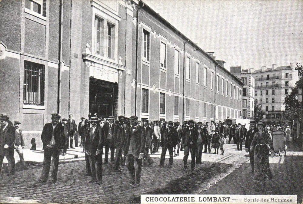Schokoladenfabrik Lombart — Männer verlassen — Imp. A. Norgueil, Paris - Vorderseite