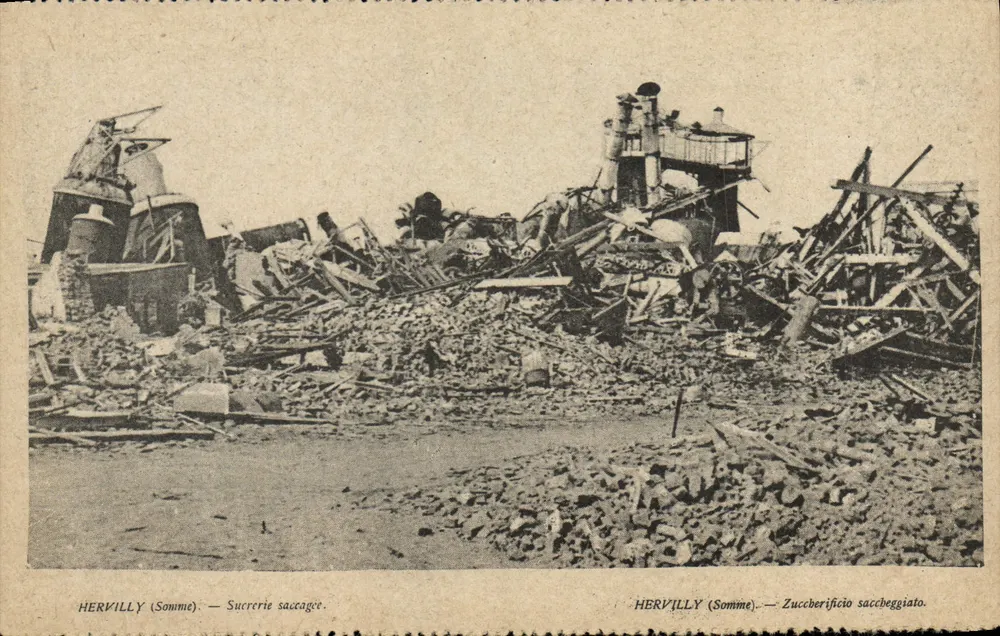 Hervilly (Somme) — Usina de açúcar destruída — Imp. G. Bertrand, Paris - Frente