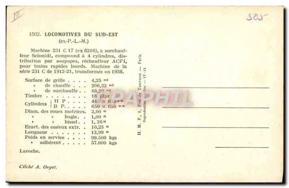 Locomotivas do Sudeste — Máquina 231 C 17 (ex 6216) — H.M.P. Paris - Verso