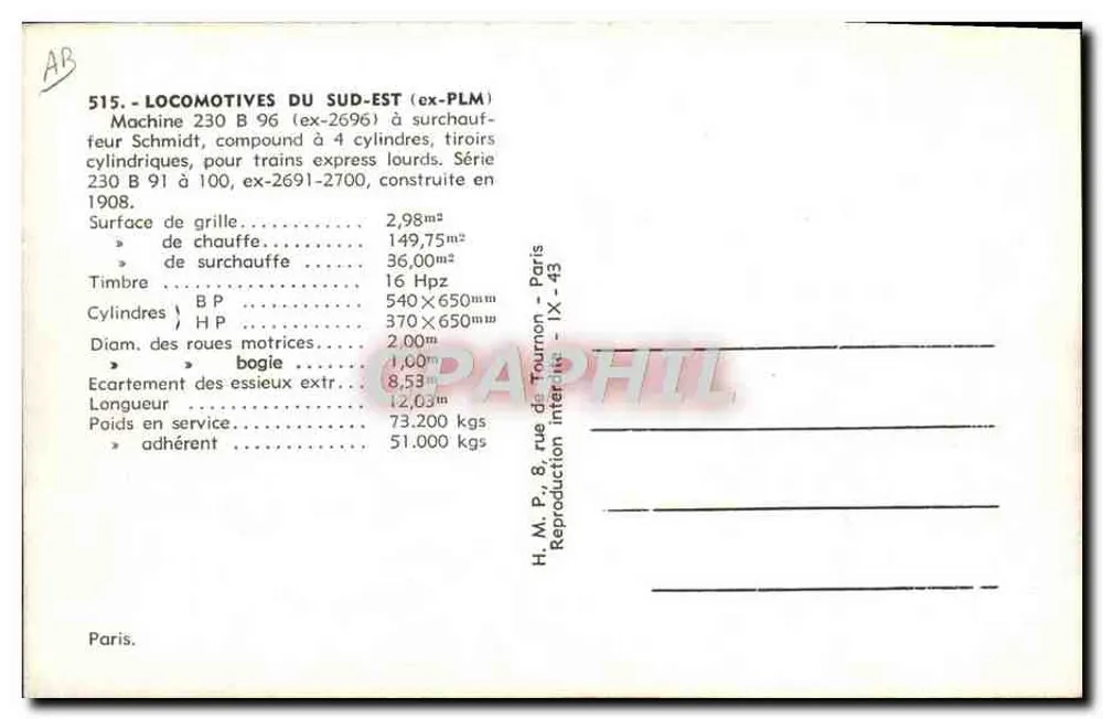 Locomotiva B 96 (ex-2696) — Sud-Est (ex-PLM) — H. M. P., 8, rue de Tournon - Paris - Verso
