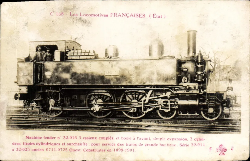Locomotiva francesa — Máquina tender n° 32-016 — Série 32-011 — Editor F. Fleury & Cie, Paris - Frente