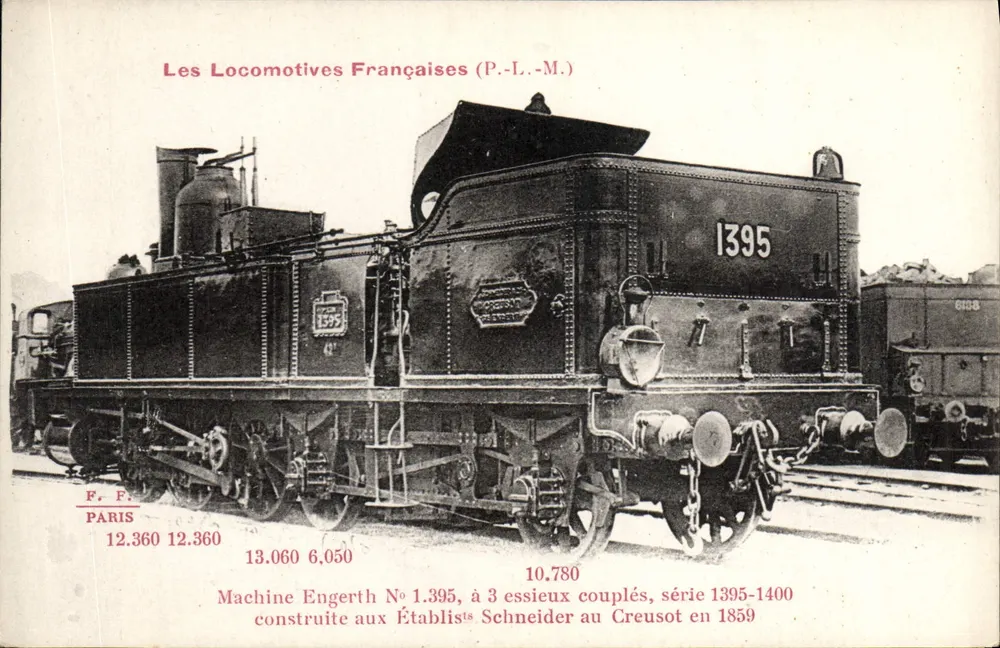 Locomotiva Engerth N°1395 — série 1395-1400 — Établissements Schneider, Creusot — 1859 - Frente