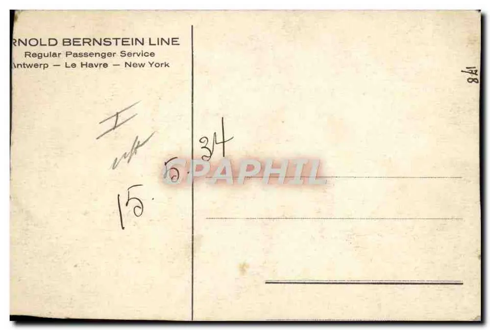 Navio a vapor SS Dschematin — Antuérpia — Le Havre — Nova Iorque — Arnold Bernstein Line - Verso