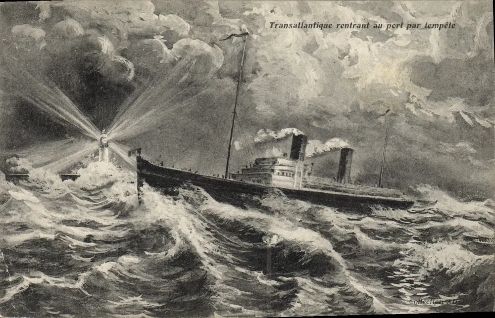 Transatlantischer Dampfer, der im Sturm zum Hafen zurückkehrt — Sammlung A.F. - Vorderseite