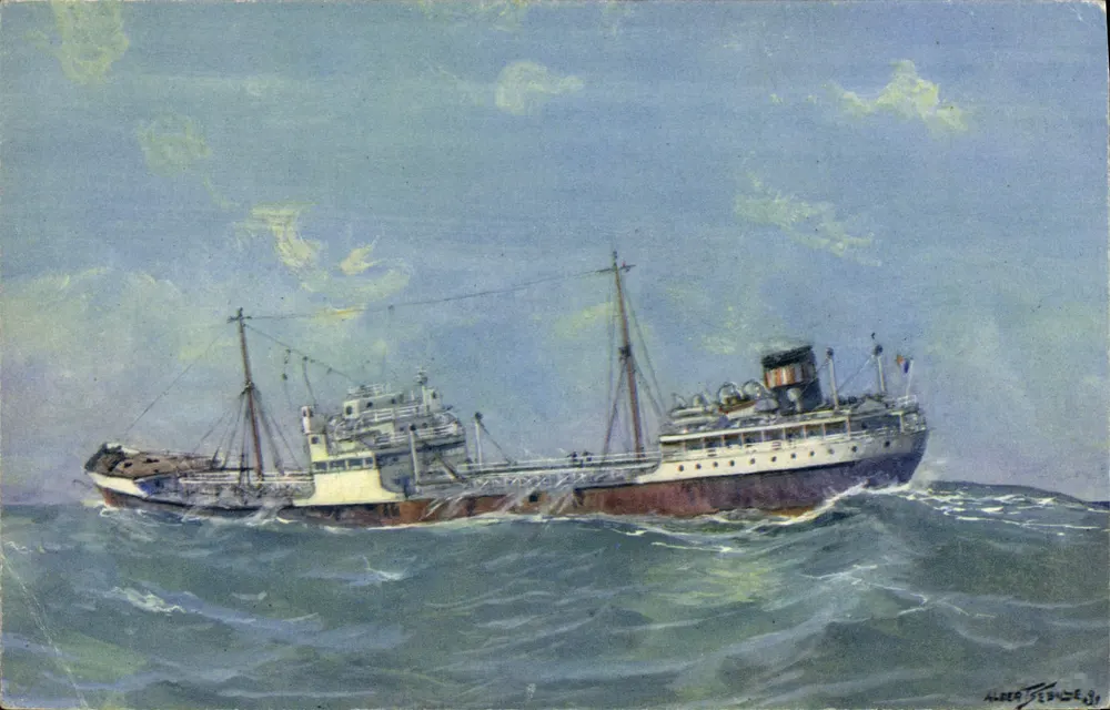 Pétrolier par gros temps en Méditerranée — Dessin de A. Sebille — éditeur Draeger, Imp. 51, Avenue Franklin-D.-Roosevelt, Paris (VIIIe) - Vorderseite
