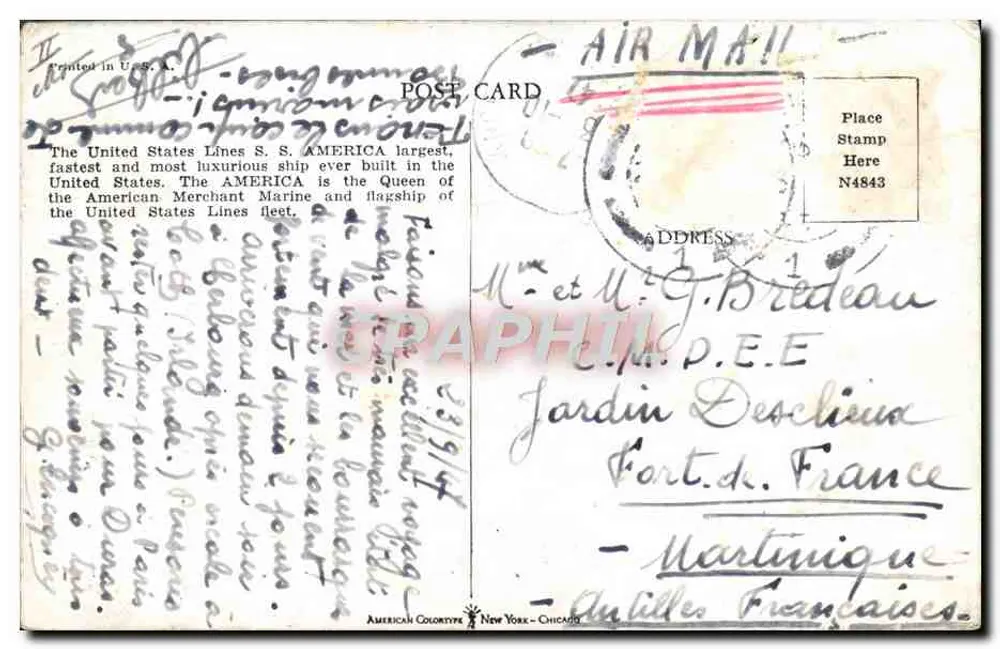 S.S. AMERICA — navio de passageiros da United States Lines — American Colortype, New York-Chicago - Verso