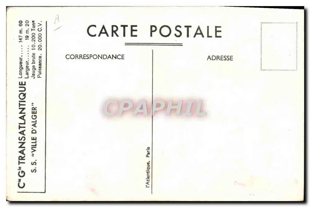 Ville d'Alger — paquebot rapide de la Méditerranée — Cie G. Transatlantique - Rückseite