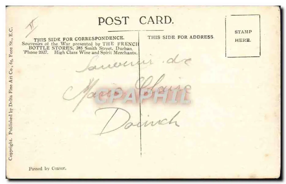 Infantaria vindo em apoio a um tanque danificado — Souvenirs de la Guerre, editado por THE FRENCH BOTTLE STORES, Durban - Verso
