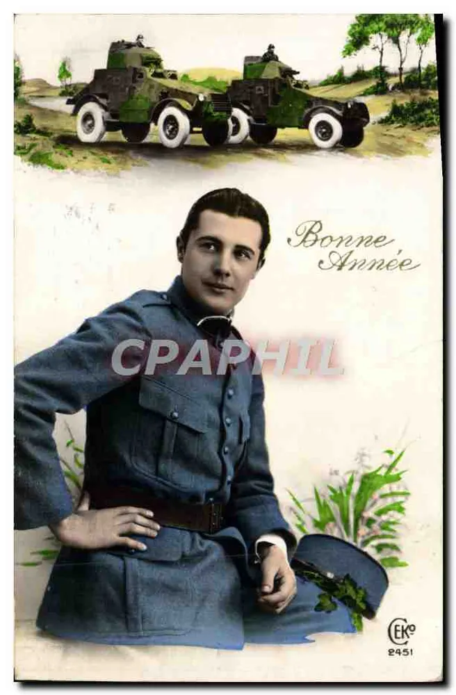 Soldado em uniforme — dois tanques de assalto no fundo — editor CEK° n°2451 - Frente