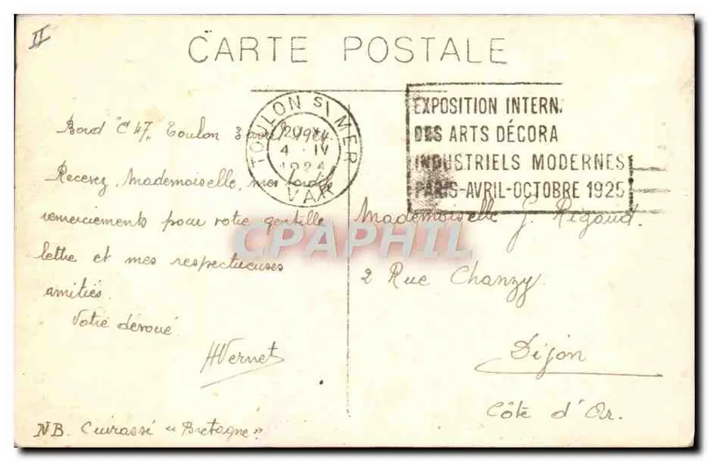Encouraçado "Bretagne" — Paris, 4 de abril de 1925 — Exposição Internacional de Artes Decorativas - Verso
