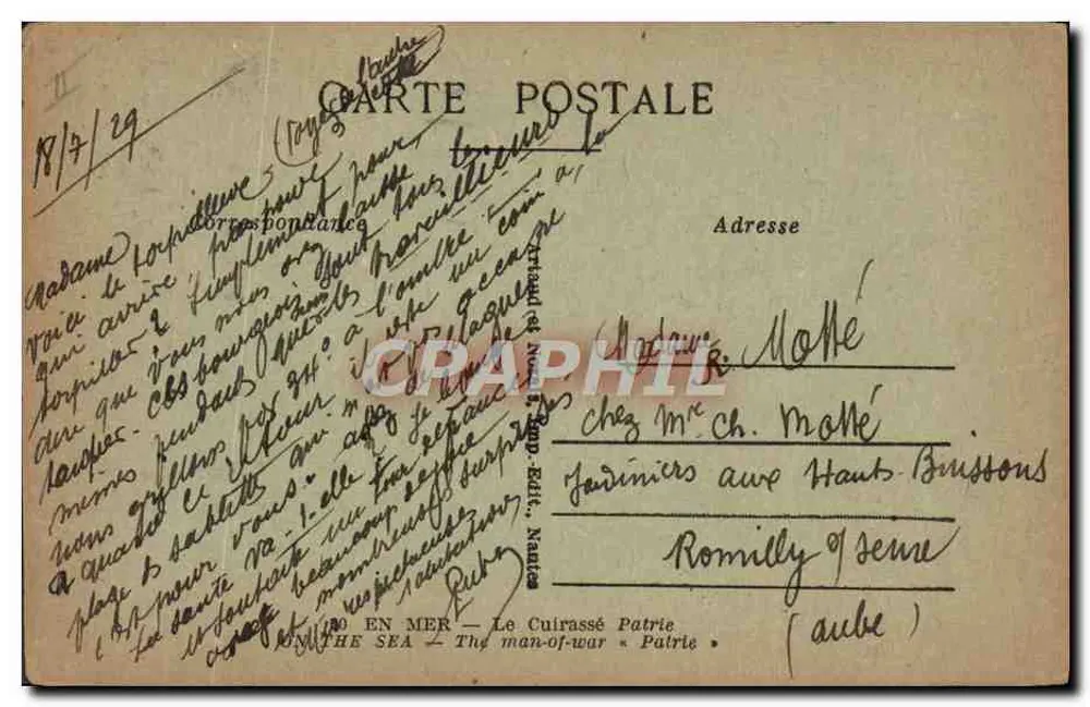 Porto da Garde em Toulon — Cruiser blindado Patrie — editor C.C.G. - Verso