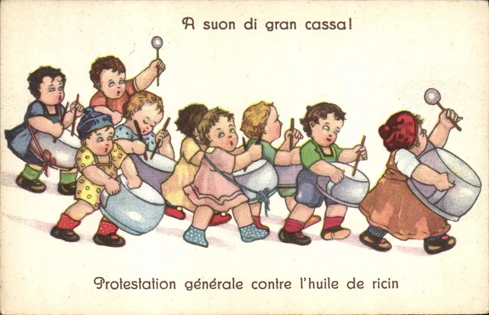 Kinder, die den Bassdrum spielen — Protest gegen Rizinusöl — Verlag ELC, Nr. 21 - Vorderseite