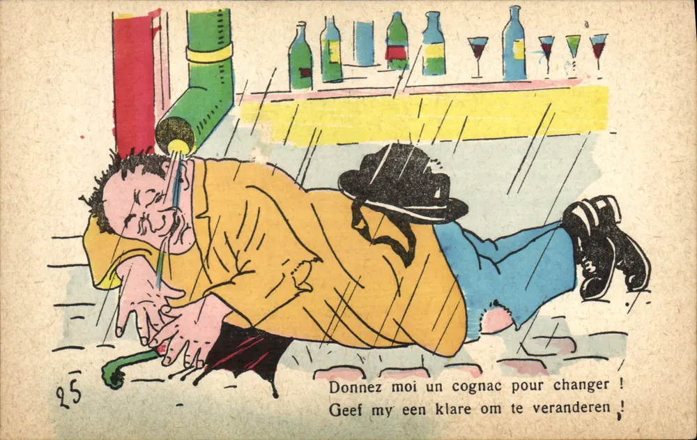 Homem bêbado sob a chuva — caricatura humorística — editor desconhecido, n° 25 - Frente