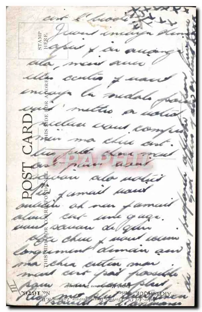Mulher diante de um cruzamento simbólico — escolha entre FAME, LOVE, RICHES — editor British Art Postcards, n°1629 - Verso