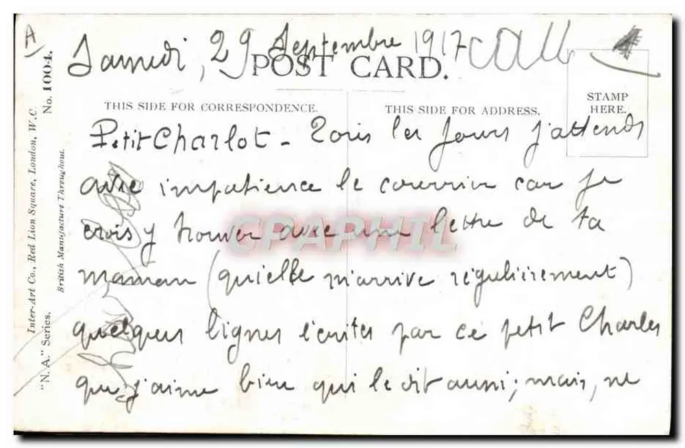 Kleiner Junge in militärischem Uniform — mit Feder schreibend — Fred Spurgin, Serie N.A. Nr.1004 - Rückseite