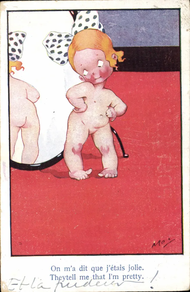 Criança nua diante de um espelho — ilustração humorística — editor 'La Bayelette' n° 087 - Frente