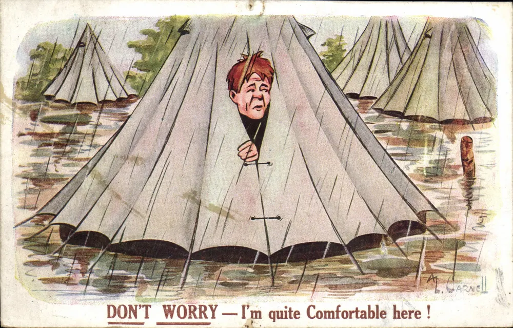 Tente inondée — homme souriant — dessin de A. Carnell — éditeur E. Mack King Henry's Rd, Londres - Frente