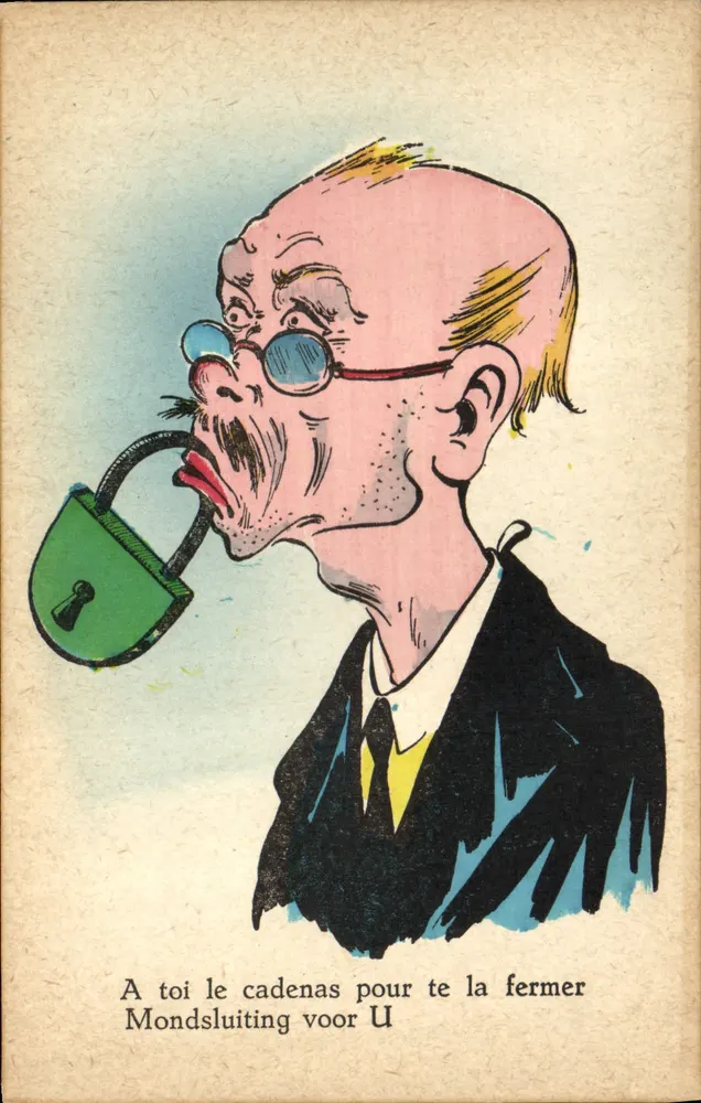 Caricatura de um homem com um cadeado na boca — texto em francês, holandês e inglês - Frente