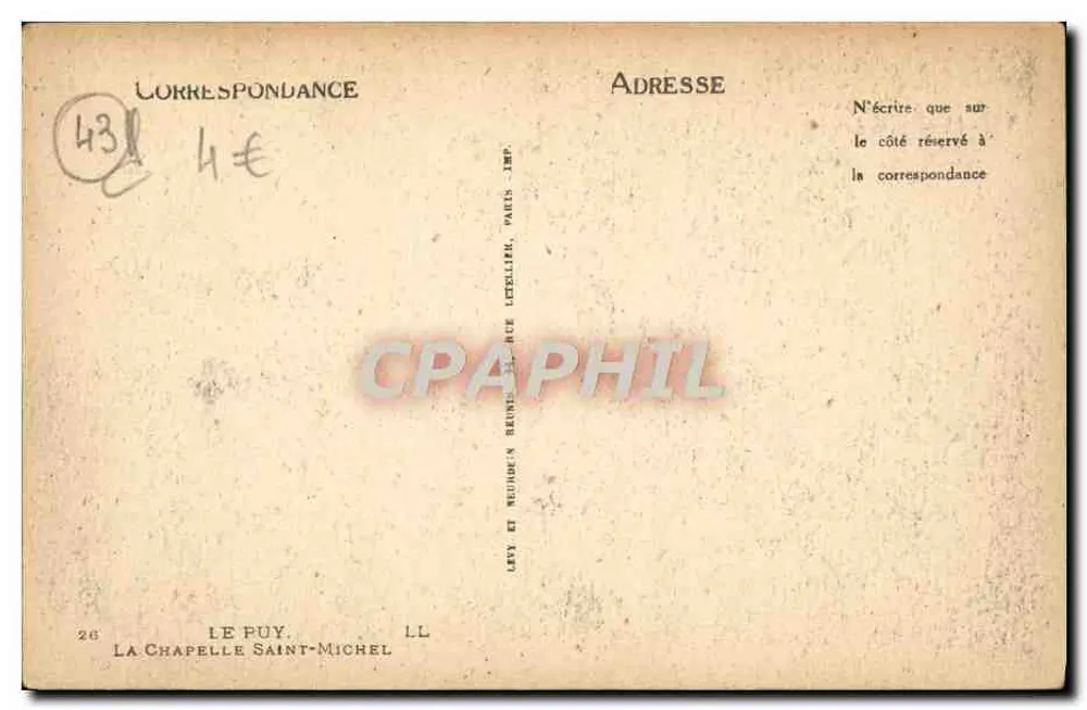 Le Puy — Ansicht der Kirche Saint-Michel auf dem Felsen — Verlag: Levy et Nucleus, Paris - Rückseite