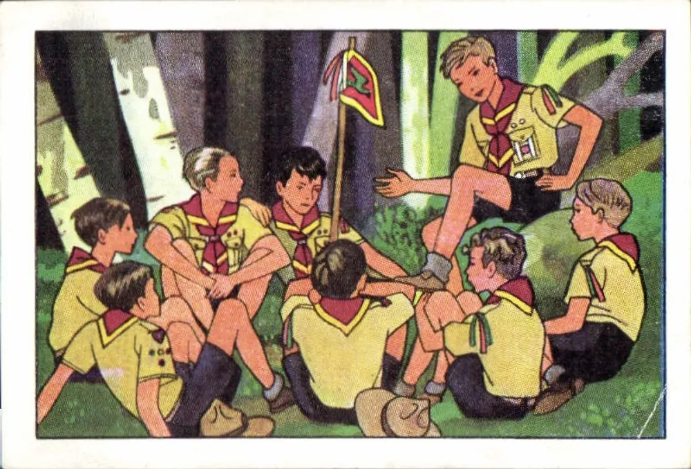 Eine Patrouillenversammlung — Kapitel II, Die Seele des Scoutings — Chocolats Suchard, Nr. 9 - Vorderseite