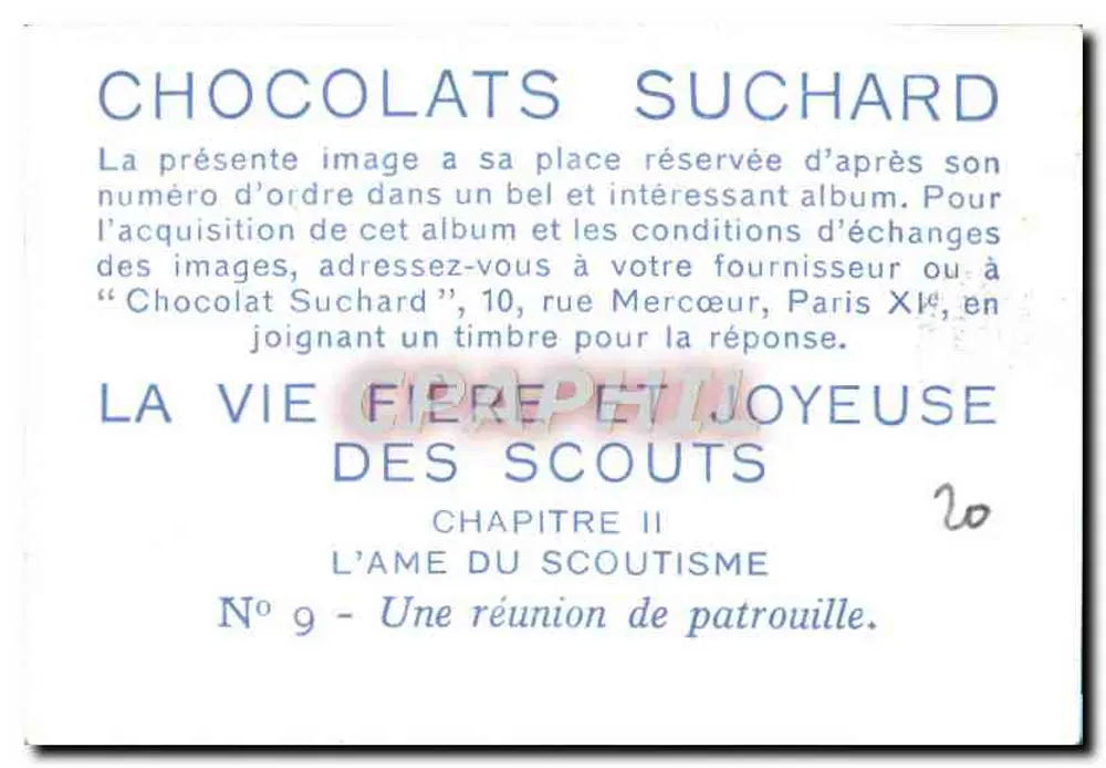 Eine Patrouillenversammlung — Kapitel II, Die Seele des Scoutings — Chocolats Suchard, Nr. 9 - Rückseite