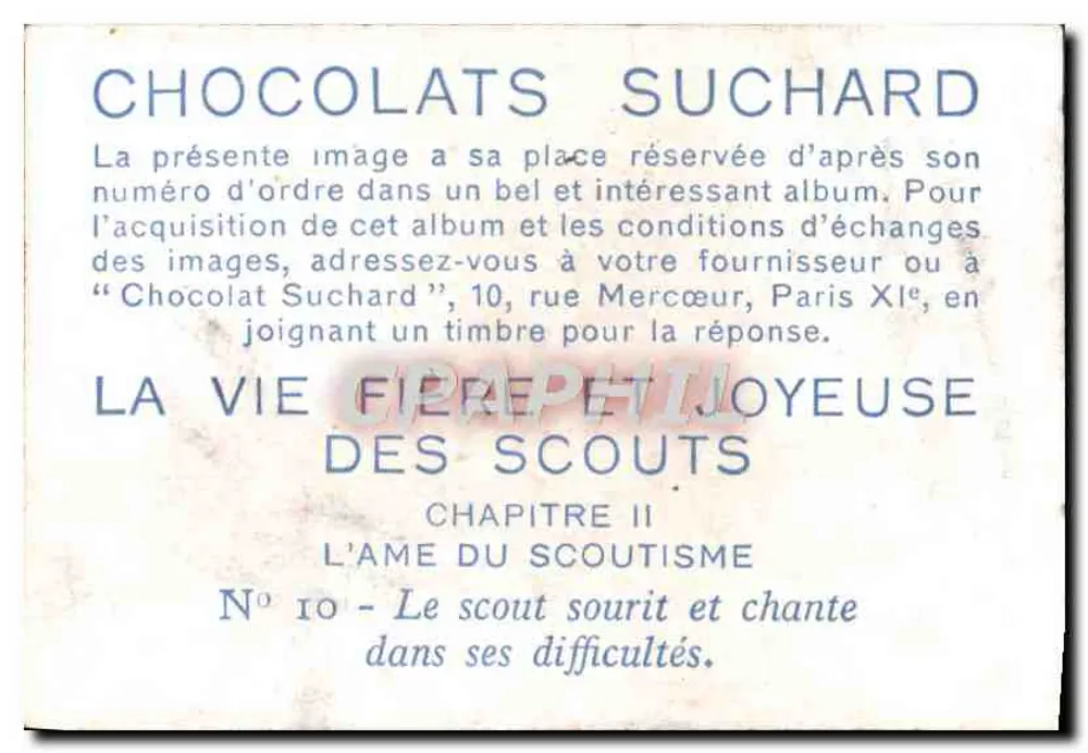 Scouts in den Bergen — Kapitel II, N° 10 — Der Scout lächelt und singt in seiner Schwierigkeit — Chocolats Suchard - Rückseite
