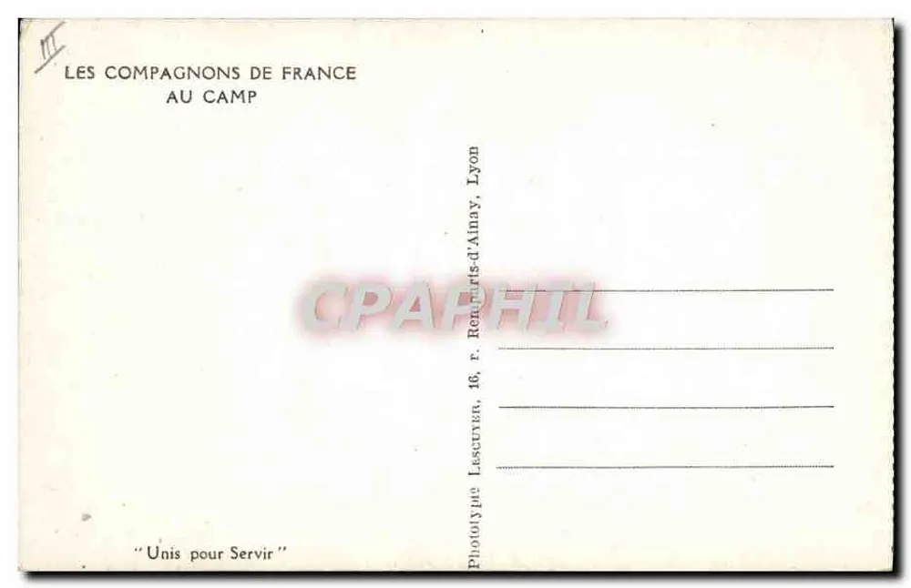 Die Compagnons de France am Lager — Phototypie Lescuyen, 16, rue René-Louis-d'Ainay, Lyon - Rückseite