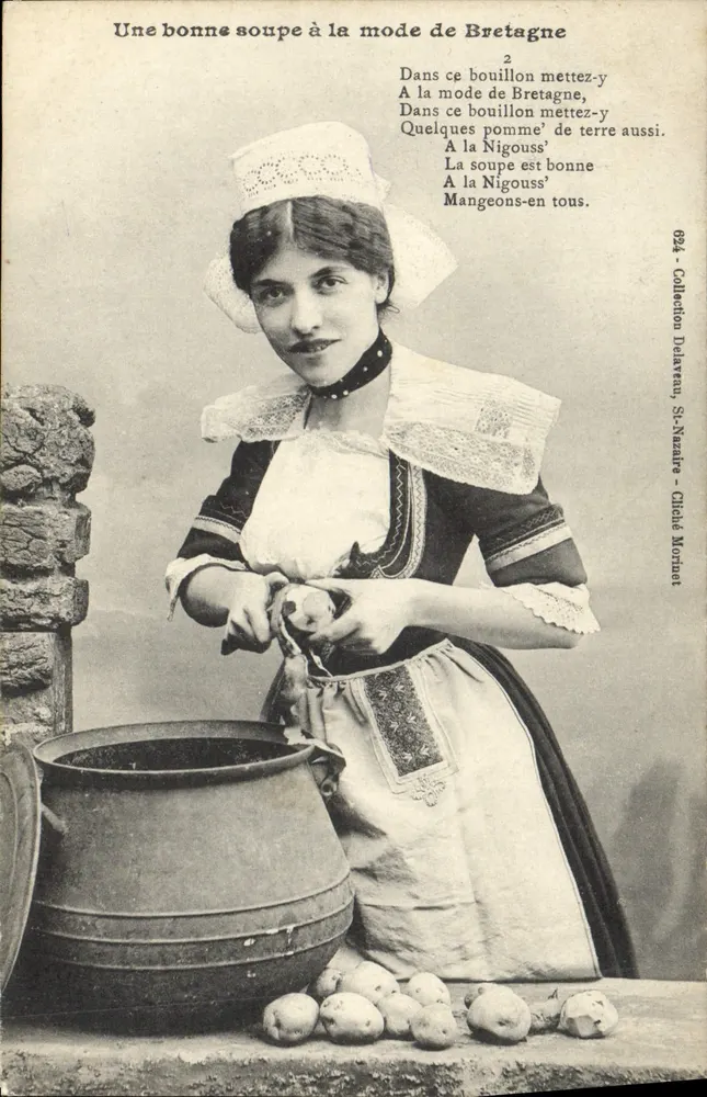 Una buena sopa a la manera de Bretaña — poema y mujer en traje bretón — Colección Delaveau, Saint-Nazaire - Childe Morhet - Anverso