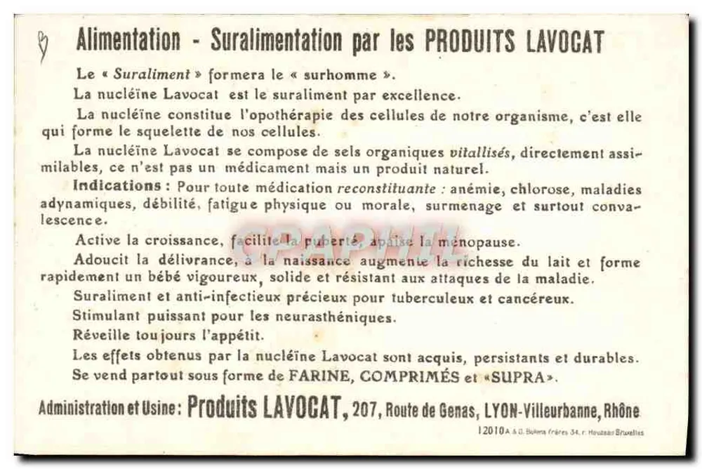 Valor Nutritivo Comparado do "SURALIMENT DE NUCLEINE LAVOCAT" — A. G. BULENS FRÈRES, 34, R. HOUZEAU, BRUXELLES - Verso