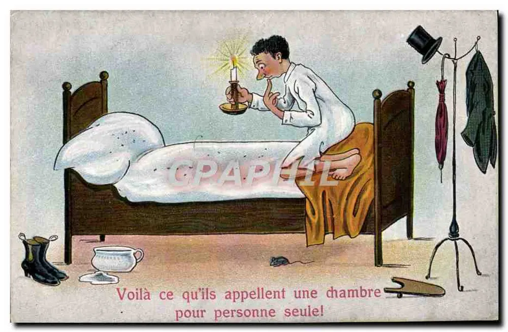 Quarto só — caricatura de um homem em uma cama — editor EP n°6710 - Frente