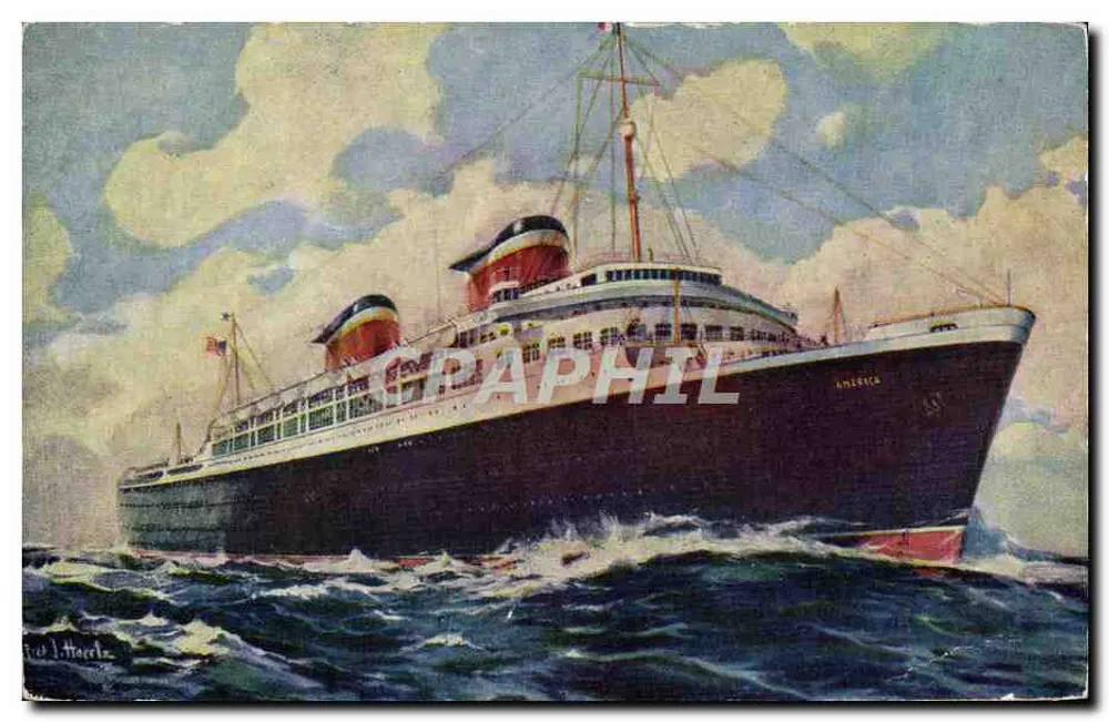 S.S. AMERICA — maior, mais rápido, mais luxuoso — American Color Type, New York - Chicago - Frente