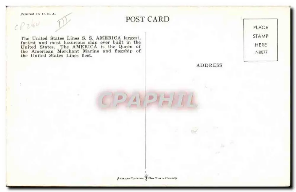 S.S. AMERICA — maior, mais rápido, mais luxuoso — American Color Type, New York - Chicago - Verso