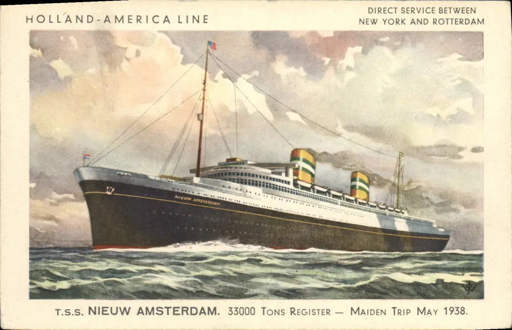 T.S.S. NIEUW AMSTERDAM — Holland-America Line — 33000 Tonnen — Jungfernfahrt Mai 1938 - Vorderseite