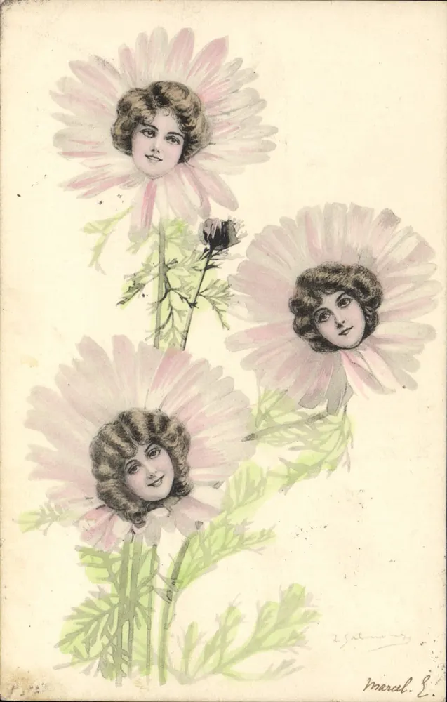 Drei junge Frauen in Blumen — Zeichnung von Marcel E. — Verlag nicht sichtbar - Vorderseite