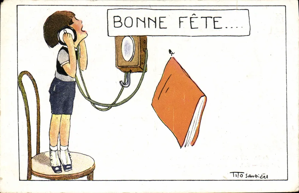 Kind am Telefon — Frohe Geburtstagsgrüße — Tito Saubidet, Serie 32, Nr. 396 - Vorderseite