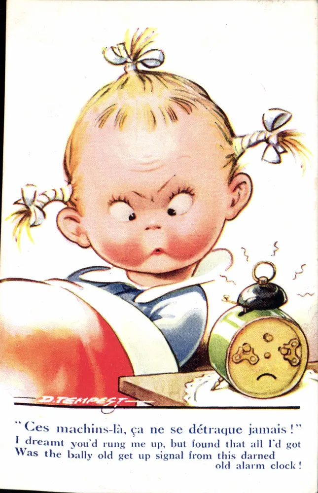Gereiztes Baby vor seinem Wecker — D. TEMPEST — Verlag B. C. POST CARD, Nr. K 548 - Vorderseite