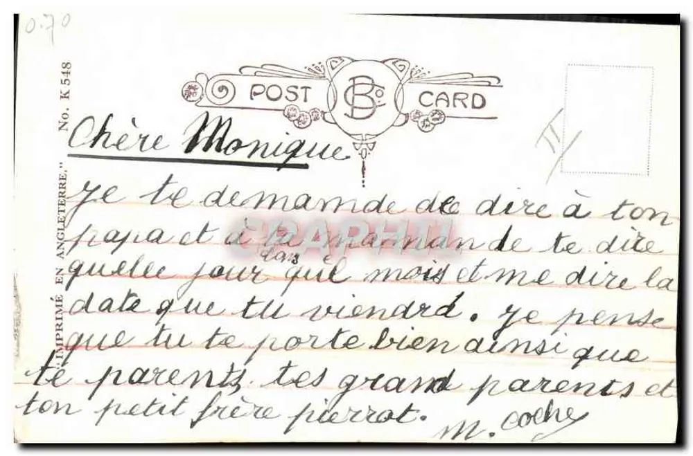 Gereiztes Baby vor seinem Wecker — D. TEMPEST — Verlag B. C. POST CARD, Nr. K 548 - Rückseite