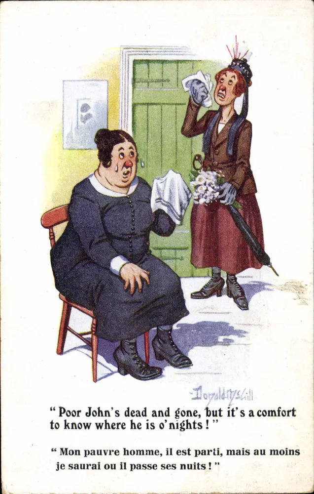Trauer-Szene — 'Poor John's dead and gone, but it's a comfort to know where he is o' nights!' — Inter-Art Co. 'Comique' Series, Nr. 8498 - Vorderseite