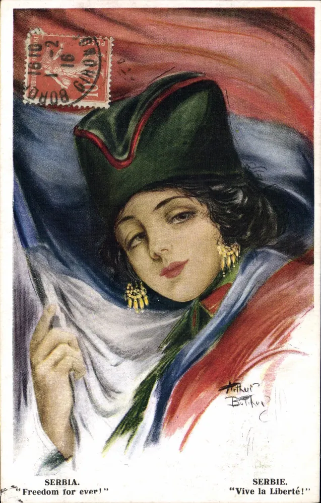 Serbische Frau in einem dreifarbigen Schal — Arthur Butkue — Serie 'UNITER SIX' Nr. 1151 - Vorderseite