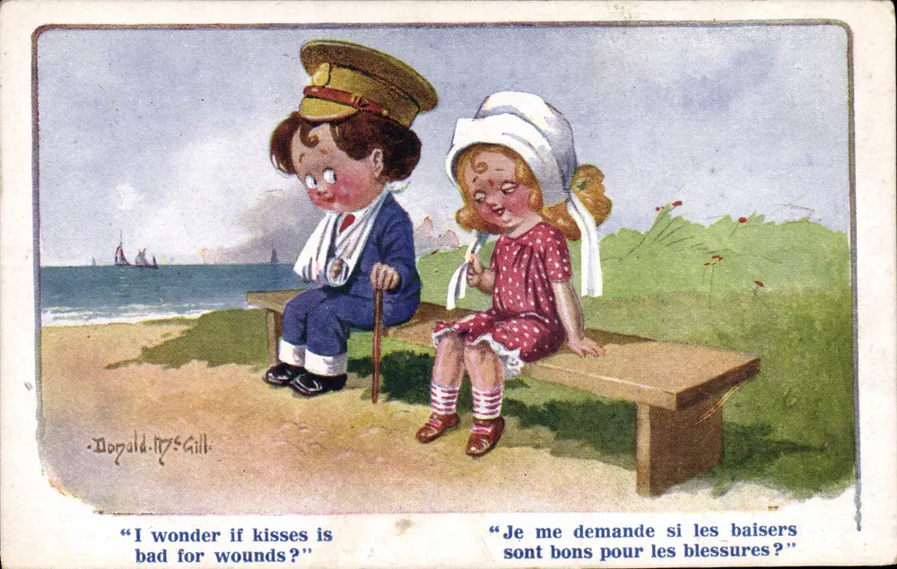Soldatenjunge und Mädchenkind — Bad am Strand — Donald McGill — Serie TWELVE SIXTY EIGHT, n°1270 - Vorderseite