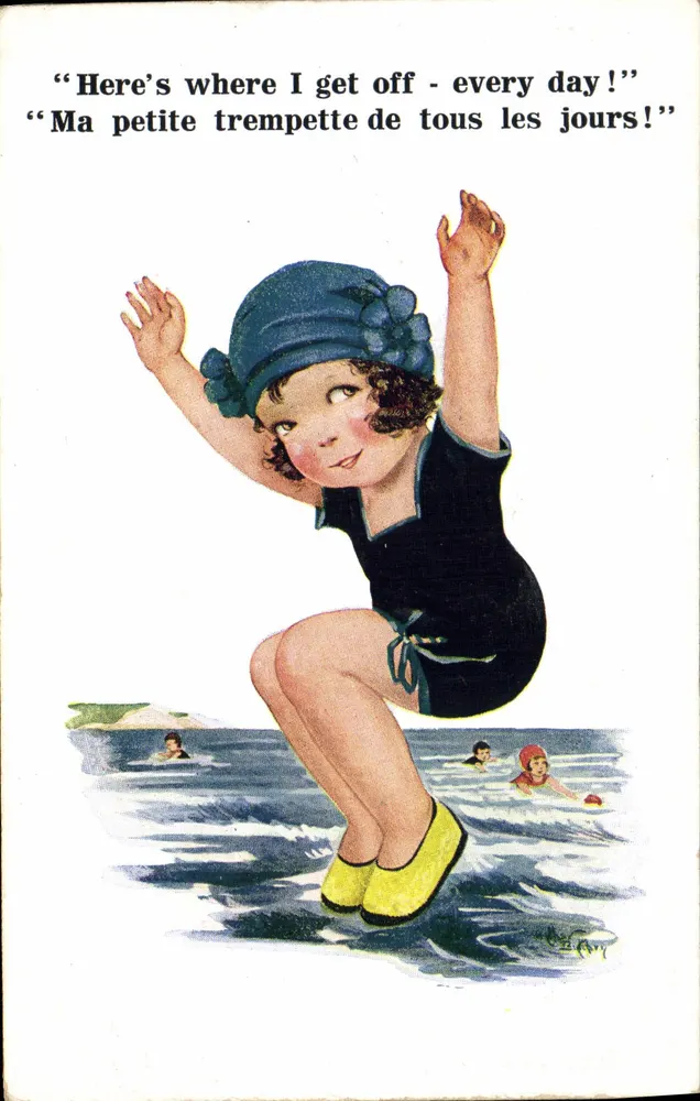 Kleine Mädchen springt ins Meer — Comique Series — Inter-Art Co. Florence House, Barns, London, S.W. - Vorderseite
