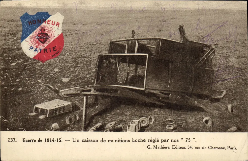 Krieg 1914-15 — Ein Granatenkasten zerstört durch unsere "75" — G. Mathière, Verleger, 34 rue de Charonne, Paris - Vorderseite
