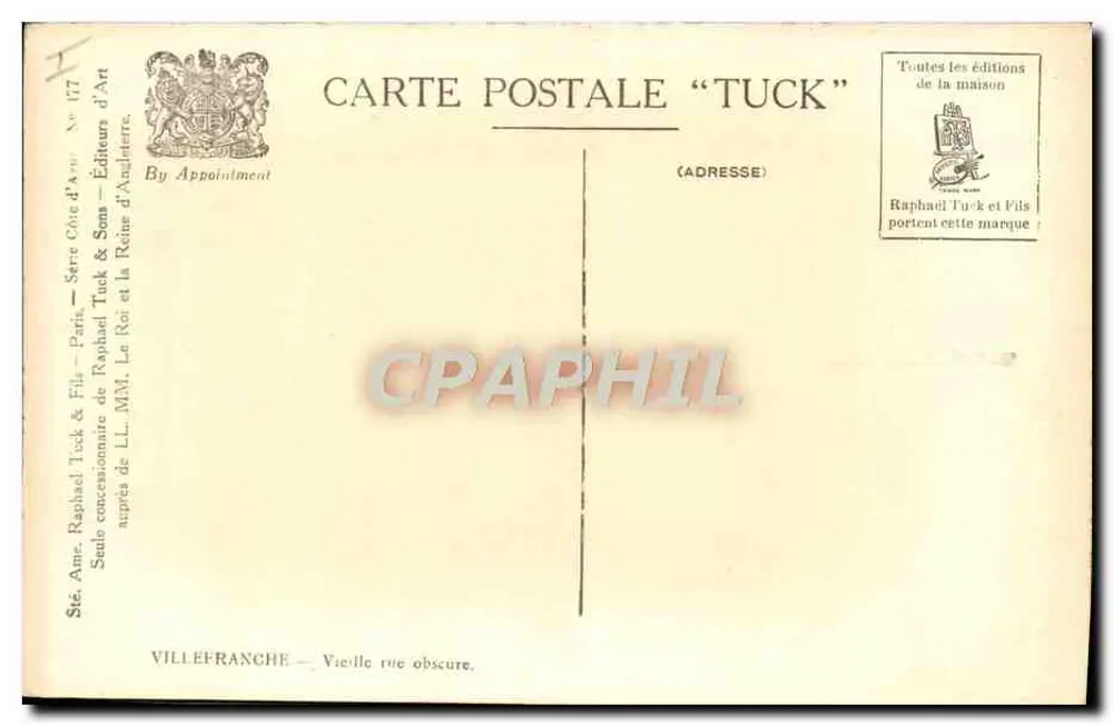 Villefranche — Alte dunkle Straße — Verlag Tuck & Fils - Rückseite