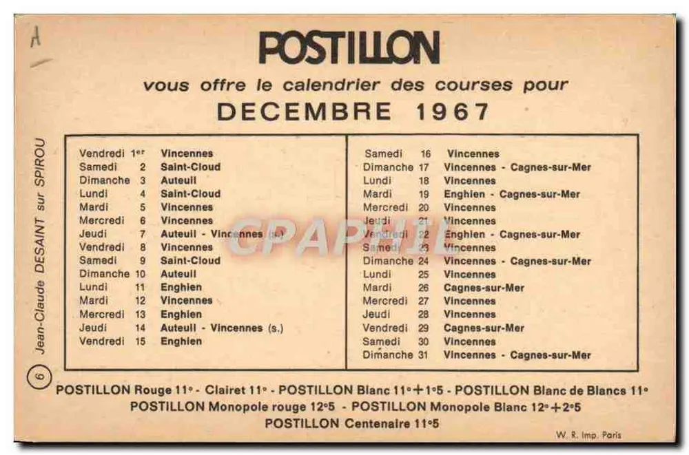 Corrida de cavalos em Vincennes — calendário das corridas para dezembro de 1967 — editor POSTILLON - Verso