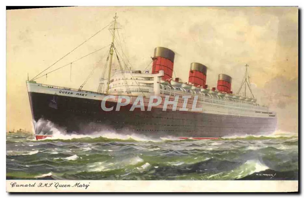Cunard RMS Queen Mary — desenho de G.E. Parker — impressa na Inglaterra - Frente