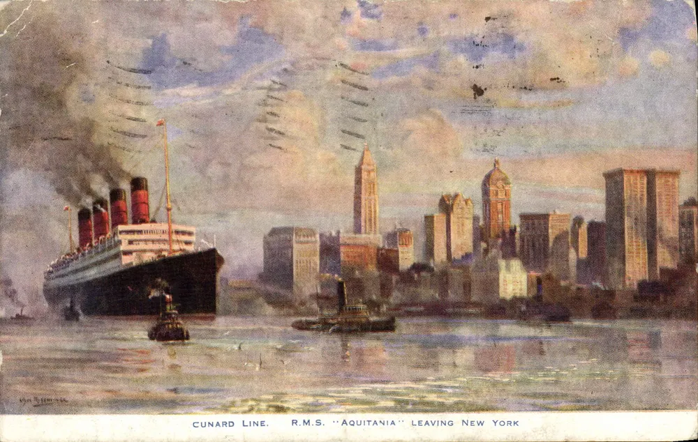 R.M.S. 'AQUITANIA' — Cunard Line, verlassend New York — Verlag Cunard Line, Seriennummer nicht sichtbar - Vorderseite
