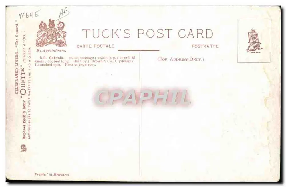 S.S. Caronia — Linha famosa de navios de passageiros Tuck & Sons — editor Tuck's Post Card - Verso