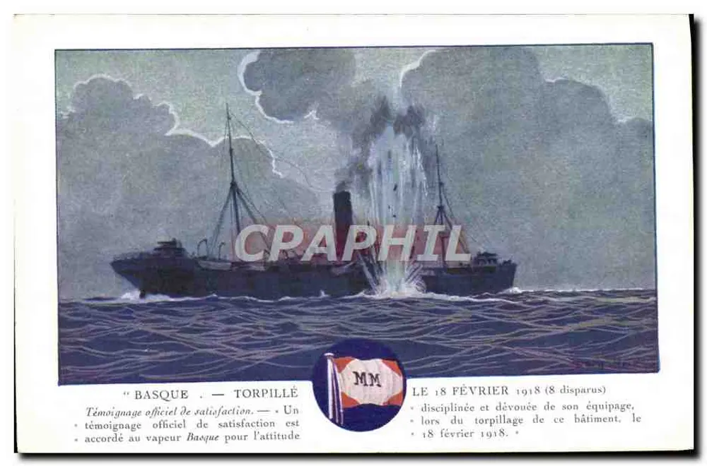 Torpilado do vapor Basque — Testemunho oficial de satisfação — Messageries Maritimes, N° 3412 - Frente