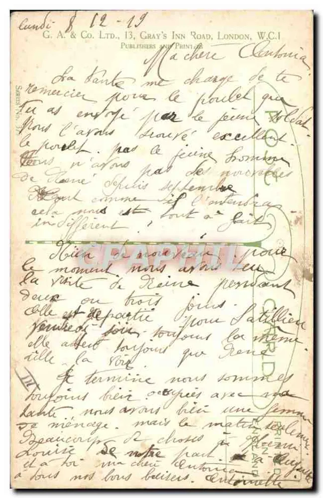Kind küsst ein Mädchen — humoristische Ansichtskarte — G. A. & Co. Ltd., London - Rückseite